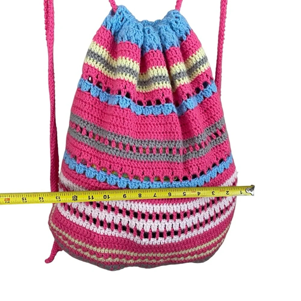 Handmade Boho Unique Crochet Colorful Striped Cinch‎ Sak Backpack Handbag